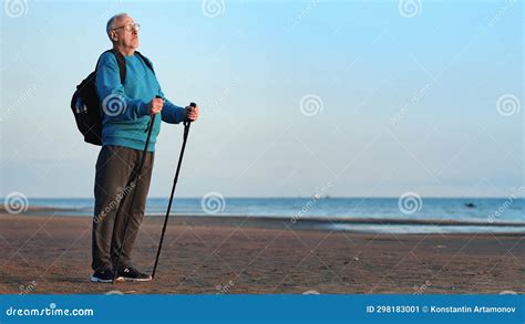 Pensive Backpacker Elderly Man Scandinavian Walking Stick Relaxing At