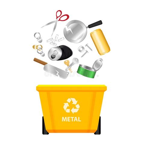 Metal Waste And Yellow Recycling Plastic Bin Isolated On White