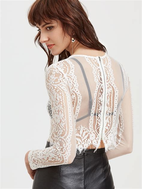 White Lace See Through Crop Blouse Sheinsheinside