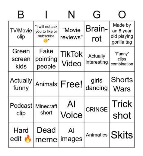 Youtube Shorts Bingo Card