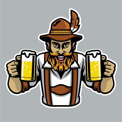 Bearded Bavarian Man Holding A Couple Of Beer Pint Glass