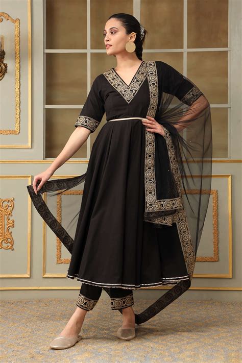 Buy Black Anarkali And Pant Cotton Embellished Lace V Neck Saadgi