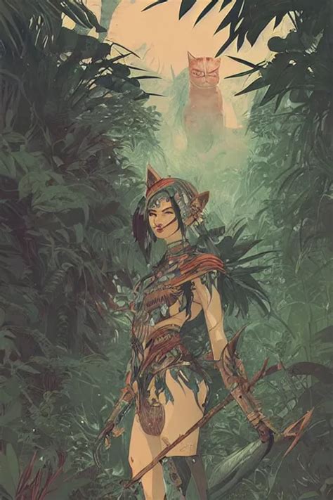 Warrior Neko Woman In A Jungle With Cat Ears Wearing Stable Diffusion