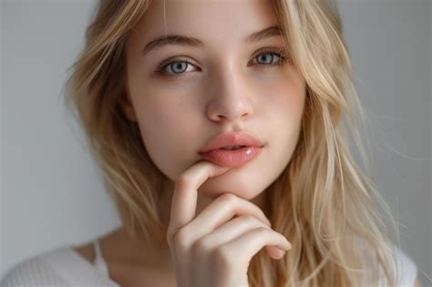 Premium Photo Blonde Girl With Perfect Skin Touching Lips Beauty Concept