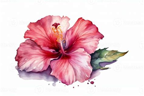 Watercolor Pink Hibiscus Flower Isolated On White Background