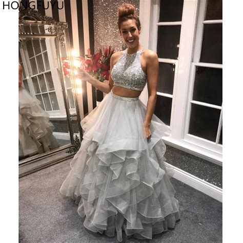 Hongfuyu vestido de baile duas peças linha a tule gola redonda