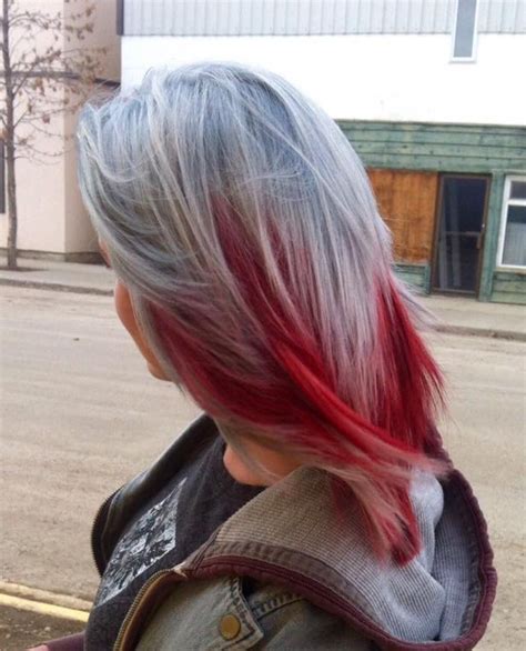 Grey and red hair | Red ombre hair, Red hair tips, Red balayage hair