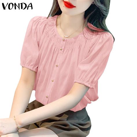 Vonda Women Korean Casual Round Neck Puff Short Sleeve Pleated Blouses