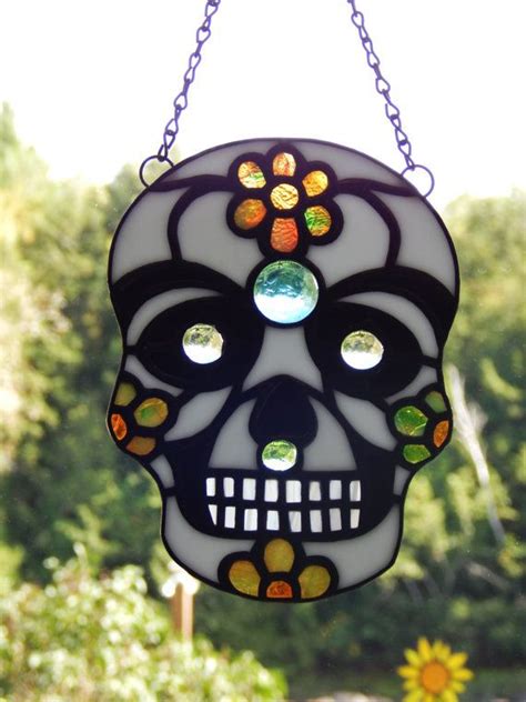 Stained Glass Day Of The Dead Sugar Skull Suncatcher Etsy Stained