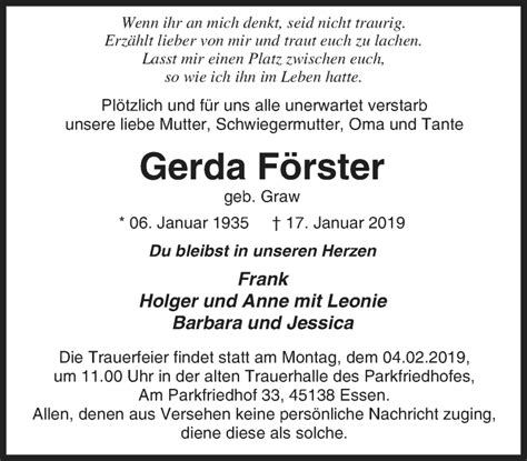 Traueranzeigen von Gerda Förster Trauer in NRW de