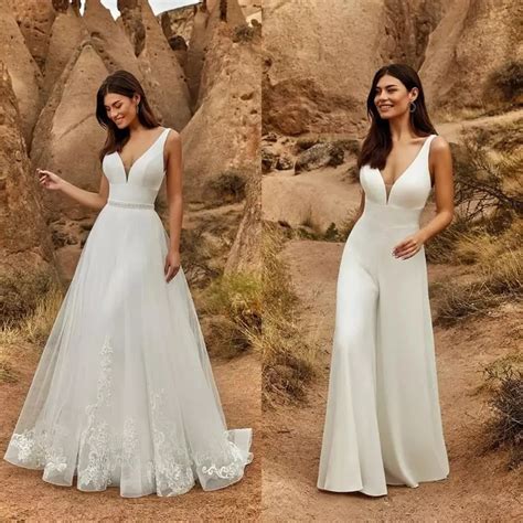 Elegant Wedding Dresses Detachable Train Jumpsuit Women Pant Suits Lace