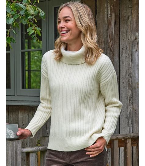 Cream Vertical Rib Roll Neck Jumper Woolovers Au