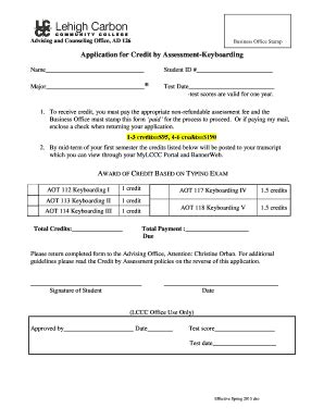 Fillable Online Lccc Application For Credit By Assessment Keyboarding