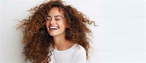 Happy girl with curly hair white background summer fashion beauty joy ...