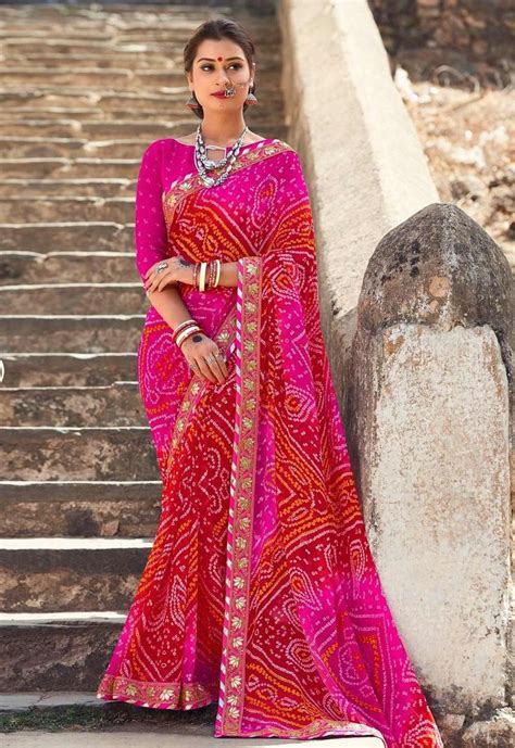 Pink Tie And Dye Georgette Gujarati Bandhani Lace Border Saree