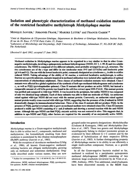 Pdf Isolation And Phenotypic Characterization Of Methanol Oxidation