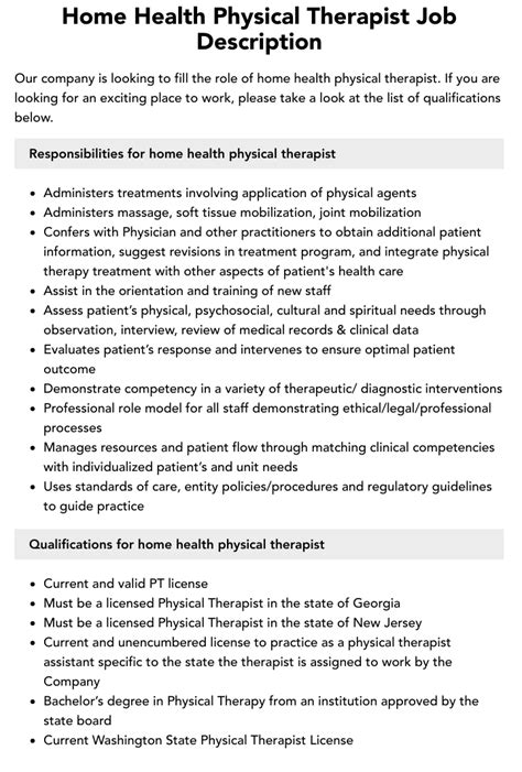 Home Health Physical Therapist Job Description Velvet Jobs