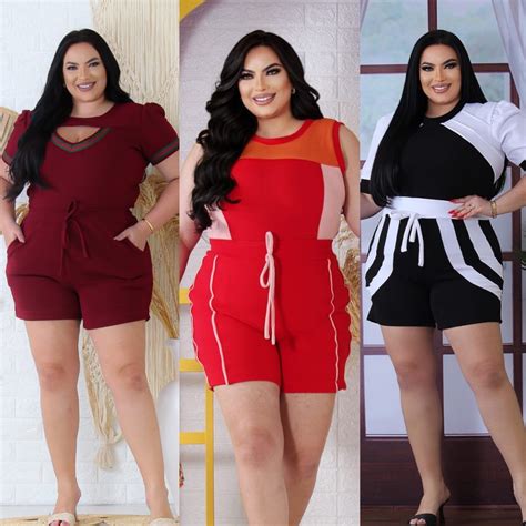 Conjunto Plus Size Short E Blusa - Conjunto Feminino Plus Size Malha Grossa Crepe Confortável Blusa e ...
