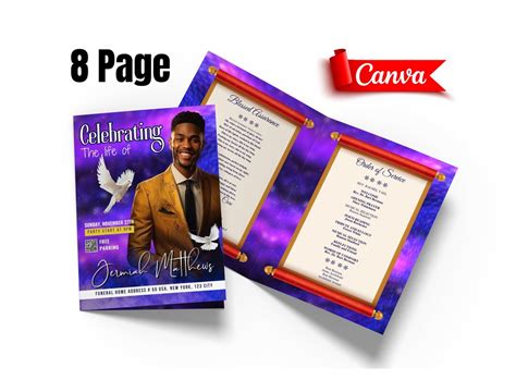 8 Page Funeral Program Template Canva Funeral Booklet Template Editable Bi Fold Obituary