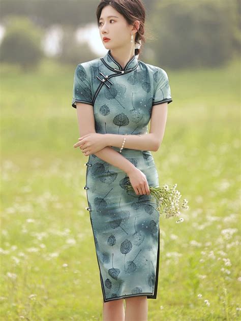 Green Leaf Print Midi Qipao Cheongsam Dress Cozyladywear