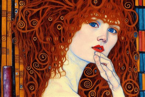 Sepia Toned Curly Red Hair Blue Eyed Woman In Ancient Library In Style