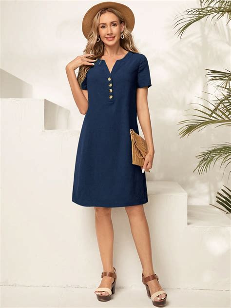 Emery Rose Notched Neck Button Front Dress Shein Usa