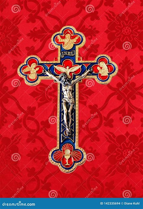 Trinitarian Crucifix On Red Material Stock Photo Image Of Cross