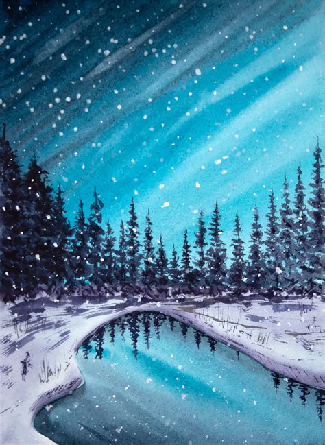 Hand Painted Watercolor Winter Landscape With Pine Trees Watercolor