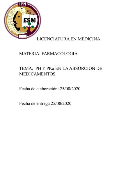 Licenciatura En Medicina Ph Y Pk En Farmacolog A Licenciatura En