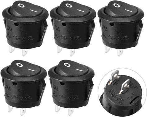 Uxcell 5 Pcs SPST Black Button On Off Round Rocker Switch AC 6A 250V