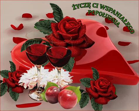 Two Glasses Of Wine And Some Fruit On A Table With Red Roses Leaves