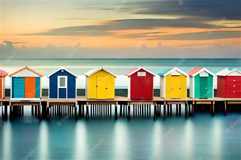 Premium Photo Colorful Beach Huts On A Pier With A Sunset In The