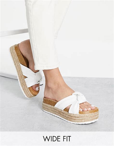 Asos Design Wide Fit Teegan Knotted Flatform Sandals In White Asos