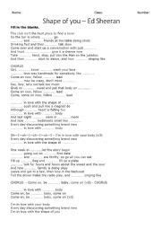 Ed Sheeran Shape Of You Esl Worksheet By Carolienvdb