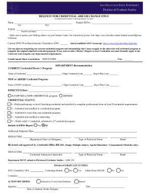 Fillable Online Grad Sfsu REQUEST FOR CREDENTIAL ADD OR CHANGE ONLY Fax