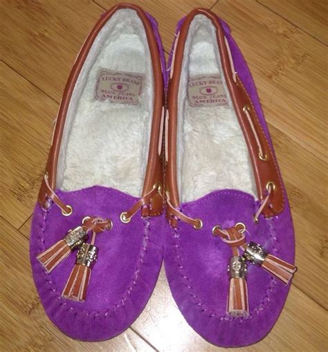 Womens Lucky Brand Suede Faux Fur Lined Purple Moccasins Slippers Shoes