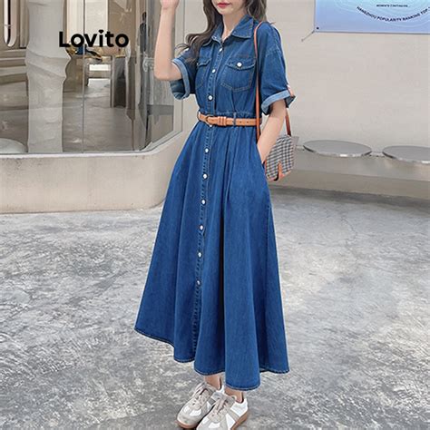 Lovito Vestido Casual De Jeans Linha A Com Mangas Curtas E Gola A Line