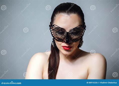 Beautiful Woman With Black Lace Mask Over Her Eyes Red Lips And Nails