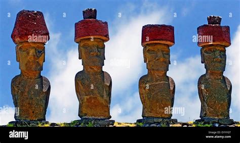 Moai Statues With Pukao Chile Rapa Nui National Park Stock Photo Alamy