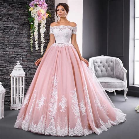 Lindo rosa vestidos de casamento rendas applique barco pescoço fora do