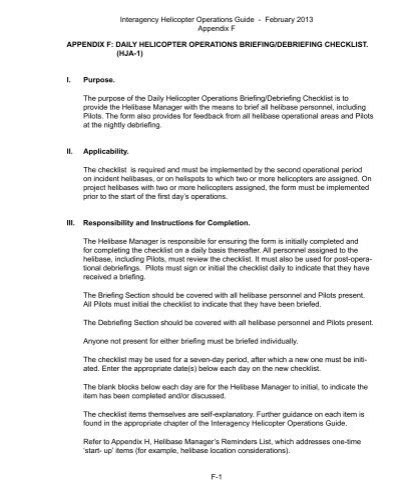 Appendix F: Daily Helicopter Operations Briefing/Debriefing Checklist