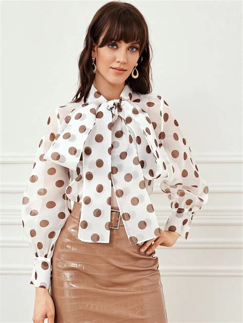 Tie Neck Polka Dot Sheer Top Shein Usa Pussy Bow Blouse Tie Neck