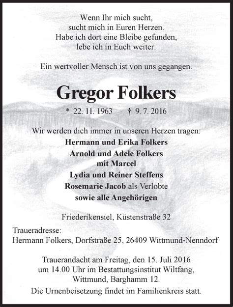 Traueranzeigen Von Gregor Folkers Nordwest Trauer De