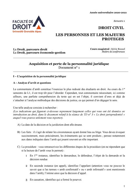 L1 2020 2021 doc 1 des séances de td de droit civil Semestre 1