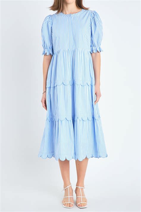 Stripe Scallop Edge Midi Dress English Factory