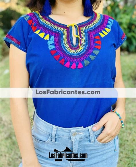 Rj00541 Blusa Artesanal De Manta Unitalla Color Azul Bordado Hecho A