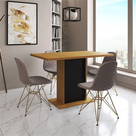 Mesa Jantar Londres Tampo Canela Cm Base Preta Cadeiras Base Dourado Estofado Nude Médio