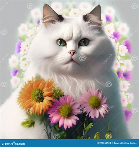 Belo Gato Branco Lindo Olhos Azuis Flores Stock Photo