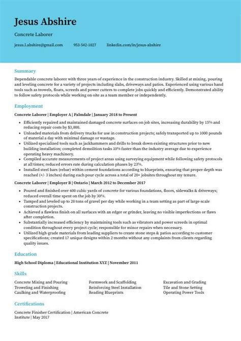 Concrete Laborer Resume (CV) Example and Writing Guide