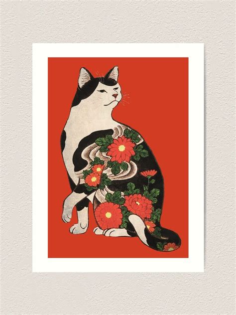 Antique Japanese Woodblock Print Cat With Flower Tattoos Art Print For Sale By Epitomegirl